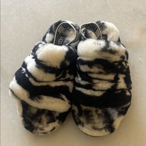 UGG Black and White Fluffy Slippers